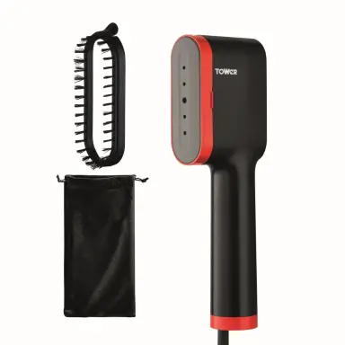 Tower T22038RED Ceraglide Handheld Garment Steamer with Ceramic Soleplate, Brush Attachment, Vertical Steaming, 1400W, Black & Red