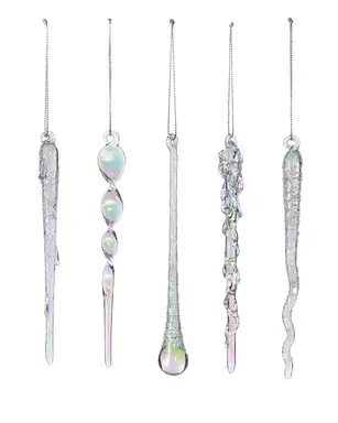WeRChristmas Set of 20 Iridescent Glass Icicles – 14–15cm – Frosted & Clear Glass Christmas Decorations