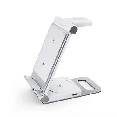Rexsun 3 in 1 Foldable Wireless Charging Station, Aluminum Alloy Wireless Charger Stand for Multiple Apple Devices - Travel Size for iPhone, Apple Watch, AirPods, Adapter Not Included, T8, Silver-white