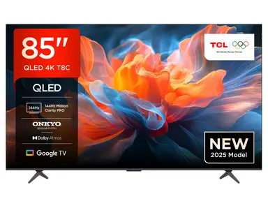 TCL 85T8C 85 Zoll QLED 4K HDR Ultra HD Fernseher, Smart TV mithilfe von Google TV (Dolby Vision Atmos, 144Hz Motion Clarity Pro, Game Bar, ALLM, FreeSync, Onkyo 2.1 Sound, Sprachsteuerung)