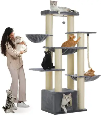 PAWZ Road Grand griffoir pour chats à plusieurs étages avec hamac, 13 poteaux en sisal diamètre 11 cm 170 cm - Niche, paniers et griffoir beige