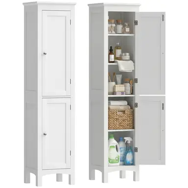 kleankin Tall Bathroom Cabinet, Slim Bathroom Storage Unit, Narrow Cupboard with Adjustable Shelves, Double Door, White