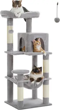 PAWZ Road 116 cm Katzenstange mit metallischer Plüschhängematte, Katzenturm für erwachsene Katzen mit 2-Türen-Condo-Haus, Grau
