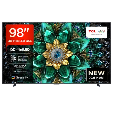  TCL 98Q6C QD-Mini LED TV, 98 Zoll, 4K HDR Premium, mit Dolby Vision IQ & Atmos, Onkyo 2.1 Sound, Smart TV mit Google TV, Game Master Mode, 144 Hz Motion Clarity Pro, AMD FreeSync Premium Pro, HDMI 2.1, AirPlay 2, mit Google Assistant & Alexa
