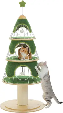 Pawz Road Arbre de Noël pour chat 130 cm, tour à chat avec poteau griffoir recouvert de sisal de 14 cm et 3 grandes niches pour chats, grand poteau griffoir pour chats de maison, vert