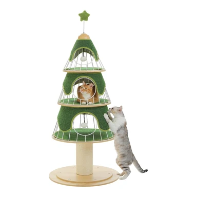 PAWZ Road Weihnachts-Katzenbaum 130 cm, Katzenturm mit 14 cm sisalüberzogener Kratzsäule und 3 großen Katzenhütten, Grün