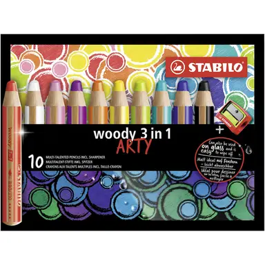 STABILO Woody 3 in 1 - Multi-Talented Pencil - ARTY - Pack of 10 - Assorted Colours with Sharpener