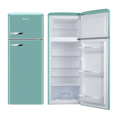 Amica FDR2213DB Retro Style Top Mount Fridge Freezer – Blue| 55cm Wide | 144cm High | E Energy Rated | Chrome Handles
