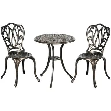 Outsunny 3 Piece Garden Bistro Set, Cast Aluminium Outdoor Furniture Set with Umbrella Hole for Balcony, Porch, Patio, Bronze Tone