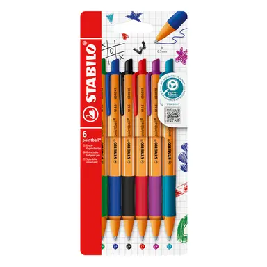 STABILO Pointball - Ballpoint Pen - Pack of 6 - Red, Blue, Black, Green, Turquoise, Lilac