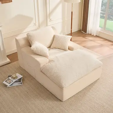 160 cm Chaiselongue, Couch ohne Rückenlehne, Set aus Schlafsofa und Bodenliege mit beweglichen Kissen und Seitentaschen, Wolkensofa mit Armlehnen für Wohnzimmer, Montage erforderlich, Weiß