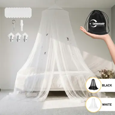 LeBonsoir Mosquito Net, Summer Mosquito Protection, Indoor/Outdoor, Camping, Travel, Includes Storage Bag and No-Drill Adhesive Hooks, Adjustable to Fit Various Sizes, White