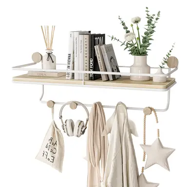 KAPANOU Floating Shelves with Coat Hooks Rail， Wall Mounted Natural Wood Grain Shelf for Bathroom， Bedroom， Living Room (White), New Year Sale , Top gift picks