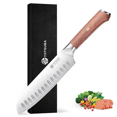 Couteau Santoku YOTSUBA 17,8 cm, conception de lame à trous ronds creux, lame super tranchante, manche en palissandre, couteau de cuisine forgé à la main et fabriqué avec précision