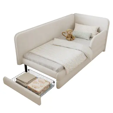 Upholstered bed, 3ft single bed 90×190cm, With a drawer at the footboard  Beige 