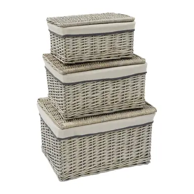 JVL Arianna Rectangular Willow Hamper Baskets - Set of 3, Grey Wash