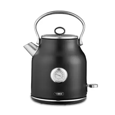 Tower Renaissance Retro Kettle, Quiet Boil, 1.7L, Black - T10063BLK