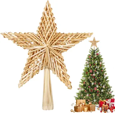 SALCAR Etoile Sapin de Noël en Paille Naturelle, 25cm Étoiles en Paille pour Sapin de Noël, Décoration de Sapin de Noël Naturelles Faites à la Main