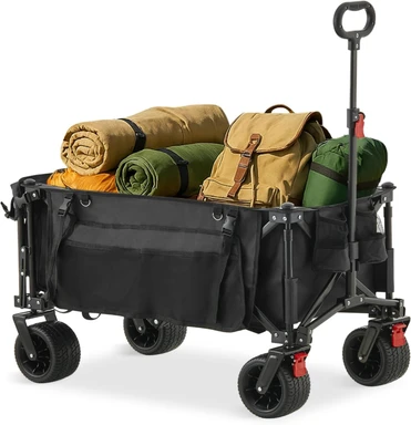 CLIPOP Festival Trolley with All-Terrain Wheels, 180L Folding Wagon with Expandable Tailgate and Adjustable Handle Large Capacity Garden Cart for Beach Camping Outdoor Black