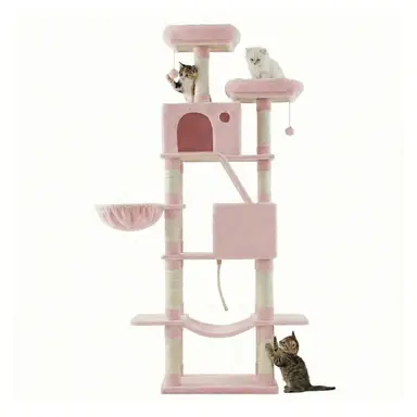 SONGMICS Arbre à chat hauteur 206 cm avec 13 griffoirs, 2 plateformes, 2 niches et panier, hamac, pompon - Rose bonbon
