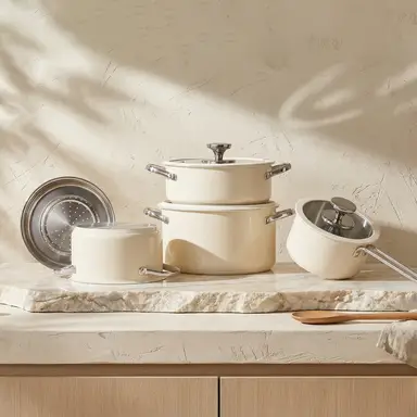 PURECOOK Colored Ceramic-Coated 304 Stainless Steel 4-Piece Cookware Set Series
16cm Milk Pot, 18cm Soup Pot with Steamer Insert , 22cm Hot Pot, 24cm Stock Pot - Beige Ceramic Coating, Multi-Ply Base, Heat-Conducting Silicone Glass Lid, 304 Stainless Steel