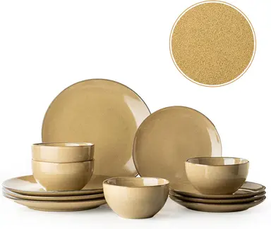 Dafuceramic Plates and Bowls Sets, 12 Pieces Modern Stoneware Dinnerware Set for 4 Kitchen Dinner Set Ceramic Dishware Dishes Set Microwave and Dishwasher Safe (Maize Yellow)
