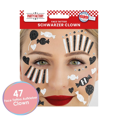 Face Tattoo schwarz/weißer Clown, temporäres Glitter Gesichtstattoo für Motto Party, Halloween & Karneval, Kinder & Erwachsene