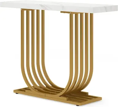 Tribesigns Modern Console Table with Gold Base, 90cm Faux Marble Entrance Foyer Table, Narrow Sofa Accent Table with Geometric Metal Legs for Living Room, Hallway, Entrance, White and Gold