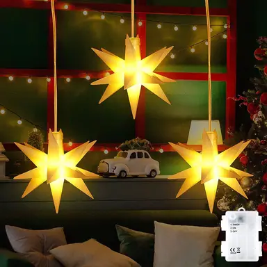 SALCAR Set van 3 led-kerststerren voor binnen en buiten, led-ster, batterij, kerstdecoratie, 3D-lichtster, Kerstmis, raam, outdoor, warmwit