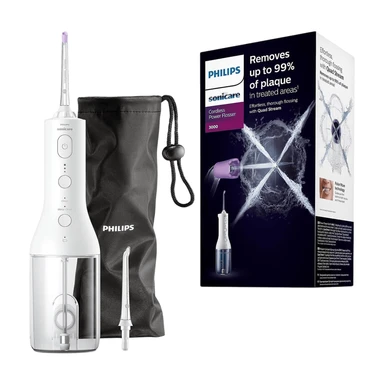 Philips Sonicare kabelloser Power Flosser 3000 Munddusche; Wasserflosser für Zähne, Zahnfleisch und Mundpflege, Weiß (Modell HX3826/31)