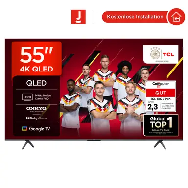 TCL 55T8C 55 Zoll QLED 4K HDR UHD Fernseher, Smart Google Tv Dolby Vision Atmos,144Hz Motion Clarity Pro, Game Bar, ALLM, Freesync, Onkyo 2.1 Sound, Sprachsteuerung, Kompatibel mit Google Assistant