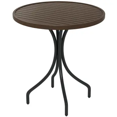 Outsunny Φ66cm Garden Side Table, Round Bistro Coffee Table, Outdoor Patio Table with Steel Frame and Slat Tabletop for Balcony and Porch, Brown Wood Grain