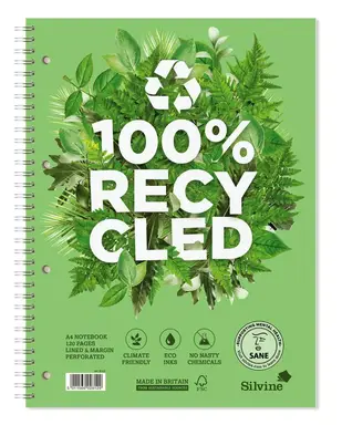 Silvine A4 Premium Recycled Wirebound Notebook, Pack of 5