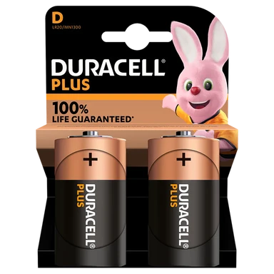 DURACELL Plus Power D Size Alkaline Batteries +100% Life - 2 Pack