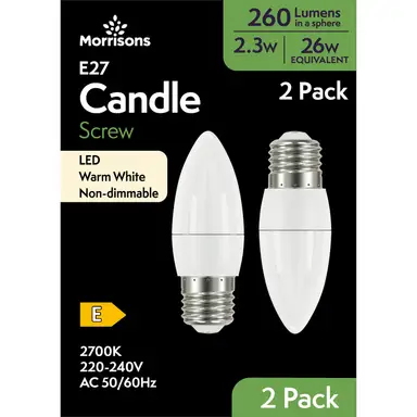 Morrisons Light Bulb LED Candle Frosted Screw E27 Warm White 2.3W 260 Lumens 2pcs