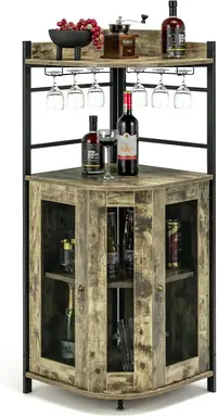 COSTWAY Industrial Corner Bar Wine Cabinet with Metal Mesh Doors and Adjustable Shelf-Rustic Brown
