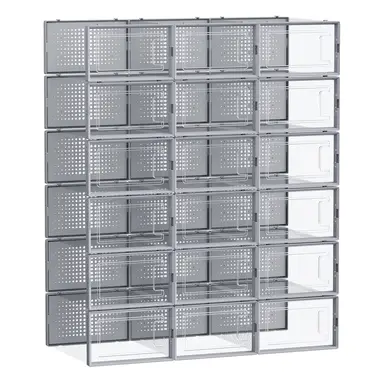 SONGMICSHOME Schuhboxen, 18er Set, Schuh-Organizer aus Kunststoff, faltbar und stapelbar, Schuhe bis Größe 44, transparent-grau