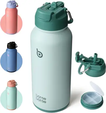 Bottle Bottle Gourde de sport en acier inoxydable avec bouchon 2-en-1 à paille et compartiment à pilules, vert, 950 ml