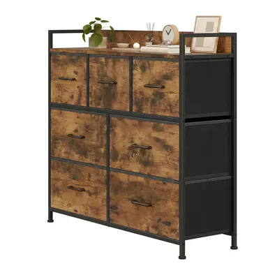 Ochama Ladekast met 7 stoffen laden en handgrepen –98x28.5x85cm Rustiek Bruin & Inktzwart, metalen frame – ruime slaapkamer opbergkast voor kleding en linnengoed
