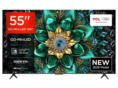 TCL 55Q6C QLED Mini LED TV, 55 Zoll, 4K HDR Premium, Dolby Vision IQ & Atmos, Onkyo 2.1 Sound, Smart TV mit Google TV, Game Master, 144 Hz Motion Clarity Pro, AMD FreeSync Premium Pro, HDMI 2.1, AirPlay 2, Google Assistant & Alexa