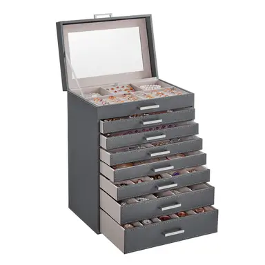 SONGMICSHOME  Large Jewellery Organiser, 8-Tier Jewellery Box with Mirror, 7 Drawers, Modern Storage Case, Gift Idea, Dark Grey