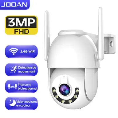 JOOAN Caméra de surveillance extérieure 3MP 360° PTZ Wi‑Fi 2,4 G, IP66 étanche, détection de mouvement et alarmes sonores, vision nocturne en couleur, enregistrement 24/7, stockage en nuage ou carte SD 8–256 Go, suivi automatique