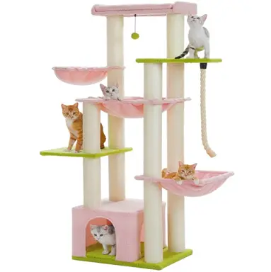 PAWZ Road Grand arbre à chat avec hamac, 13 poteaux en sisal diamètre 11 cm 170 cm - Grande plateforme, niche, paniers et griffoir rose