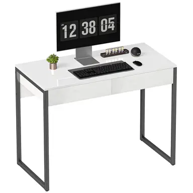 HOMCOM High Gloss Computer Desk with 2 Drawers, 100 x 50 cm Home Office Desk for Small Spaces, Modern Study Writing Table with Steel Legs, White and Black