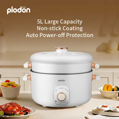 Plodon 1200W 5L Multifunctional Electric Hot Pot with Steamer Non-stick Cooking Pot Slow Cooker with Dual Power Control for Stir Fry Stew Steam Hot pot