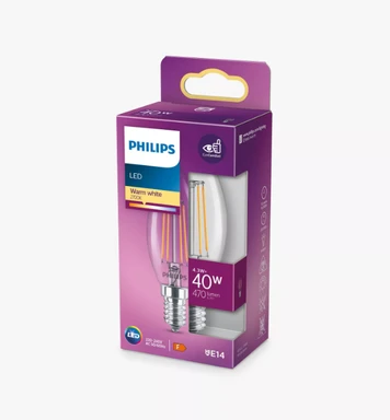 Philips Light Bulb LED Candle Filament Screw E14 Warm White 40W Non-Dimmable
