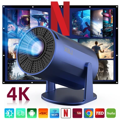 XBJ Projecteur Portable Bleu avec WiFi 6 et Bluetooth 5.2, Mini Projecteur Intelligent 1080P HD (Décodage 4K), Système Android 11, Correction Automatique + Rotation à 180°, 200 ANSI, Écran 40-200" pour Chambre, Intérieur, Extérieur, Home Cinéma