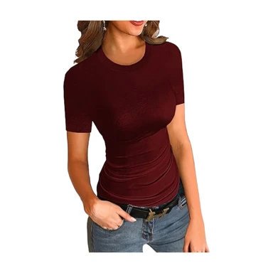 Women's Crewneck Short Sleeve Ribbed T-Shirt Slim Fit Tops Solid Basic Tee (winered, M)