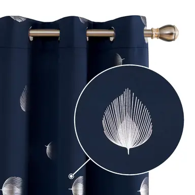 Deconovo Blackout Silver Foil Printed Fan Leaf 6 White Grommet No Tie Curtain, 2Pcs W107*L214 Navy Blue