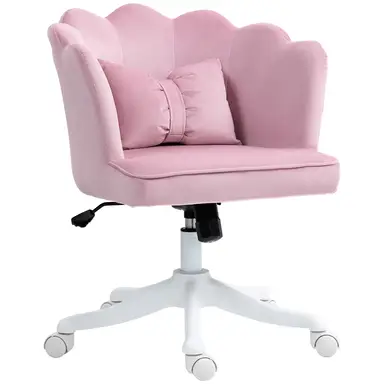 HOMCOM Computer Desk Chair, Armless Makeup Vanity Chair with Shell Back, Bow Pillow, Height Adjustable, Swivel Wheels for Home, Bedroom, Pink
